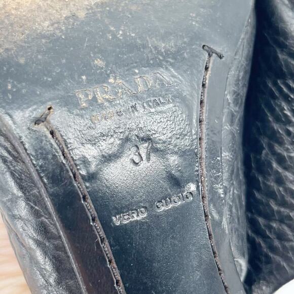 Retro Prada Black Pebbled Leather Fringe Detail Square Toe Slingback Heel IT 37 - Picture 12 of 12